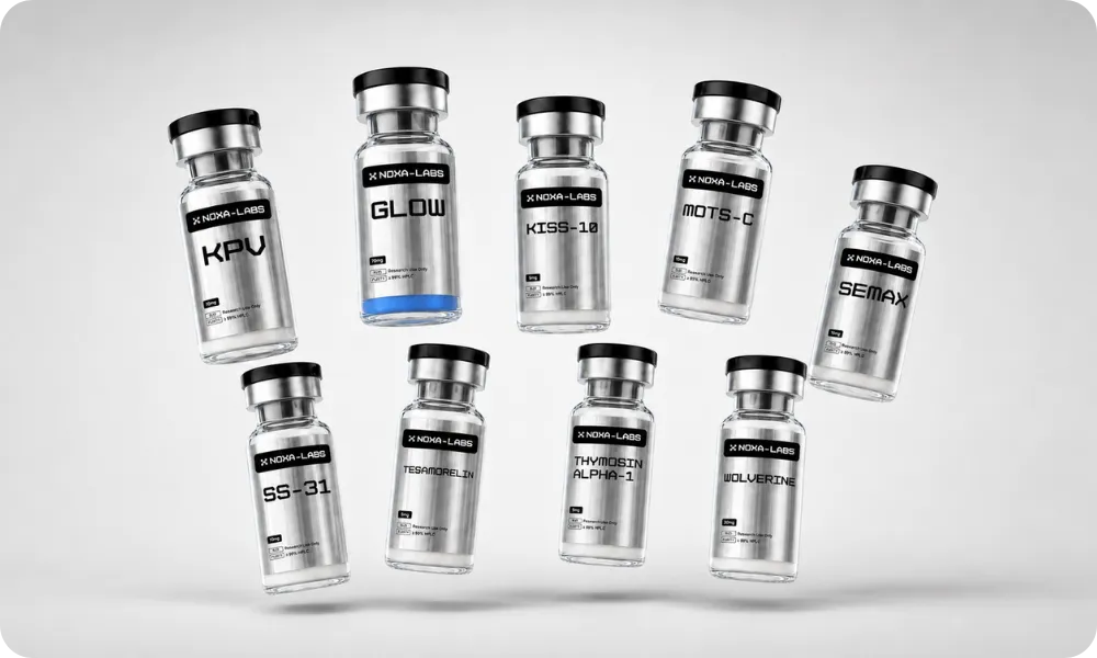 Lineup of Noxa Labs research peptide vials including KPV, GLOW, KISS-10, MOTS-C, SEMAX, SS-31, Tesamorelin and Thymosin Alpha-1
